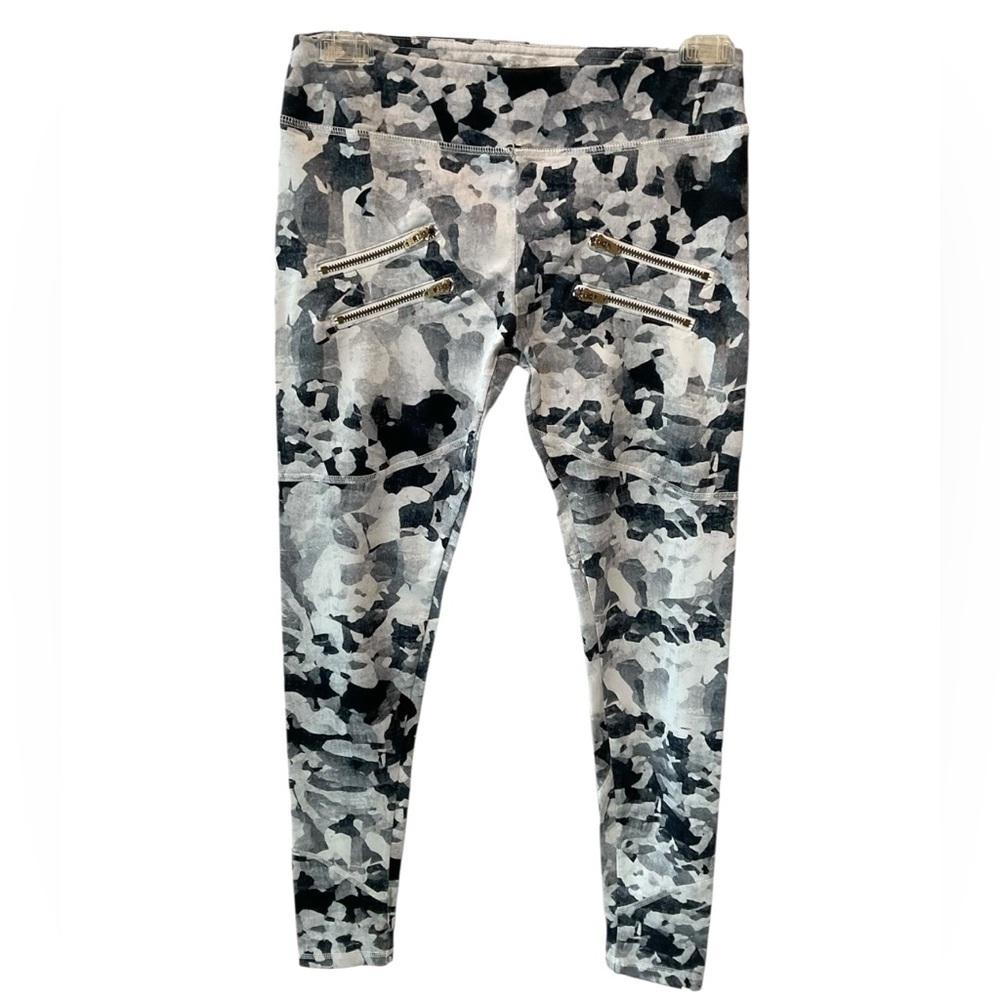 Varley XS Moto Leggings Camo Print Zip Pocket Athleisure Pants Gray Black